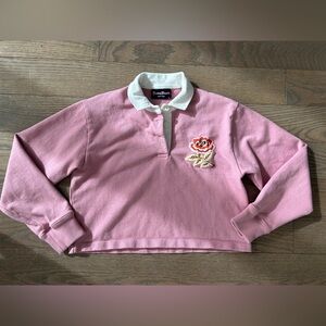 Rowing Blazers Women’s Crop Rugby Top Embroidered Rose Pink Knit Polo Shirt, XL